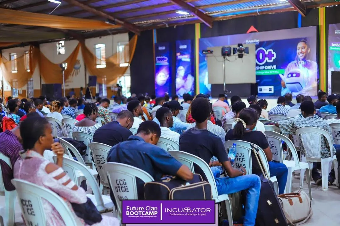 Audience of young people listening during a tech fellowship session
